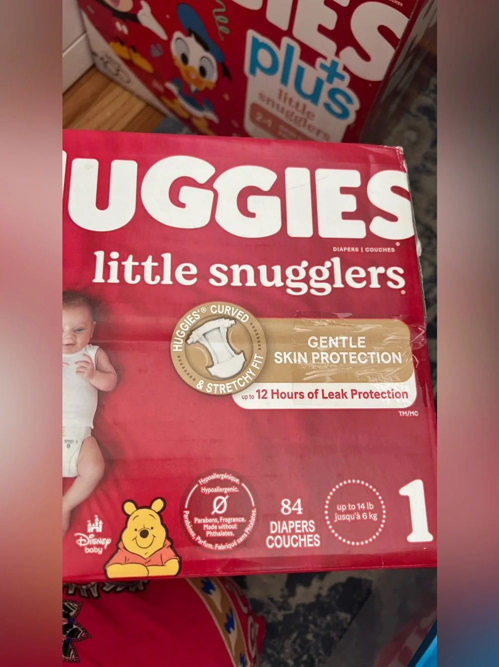 Unopened box of Little Snugglers Size 1 Diapers - Red Pack 84 Diapers